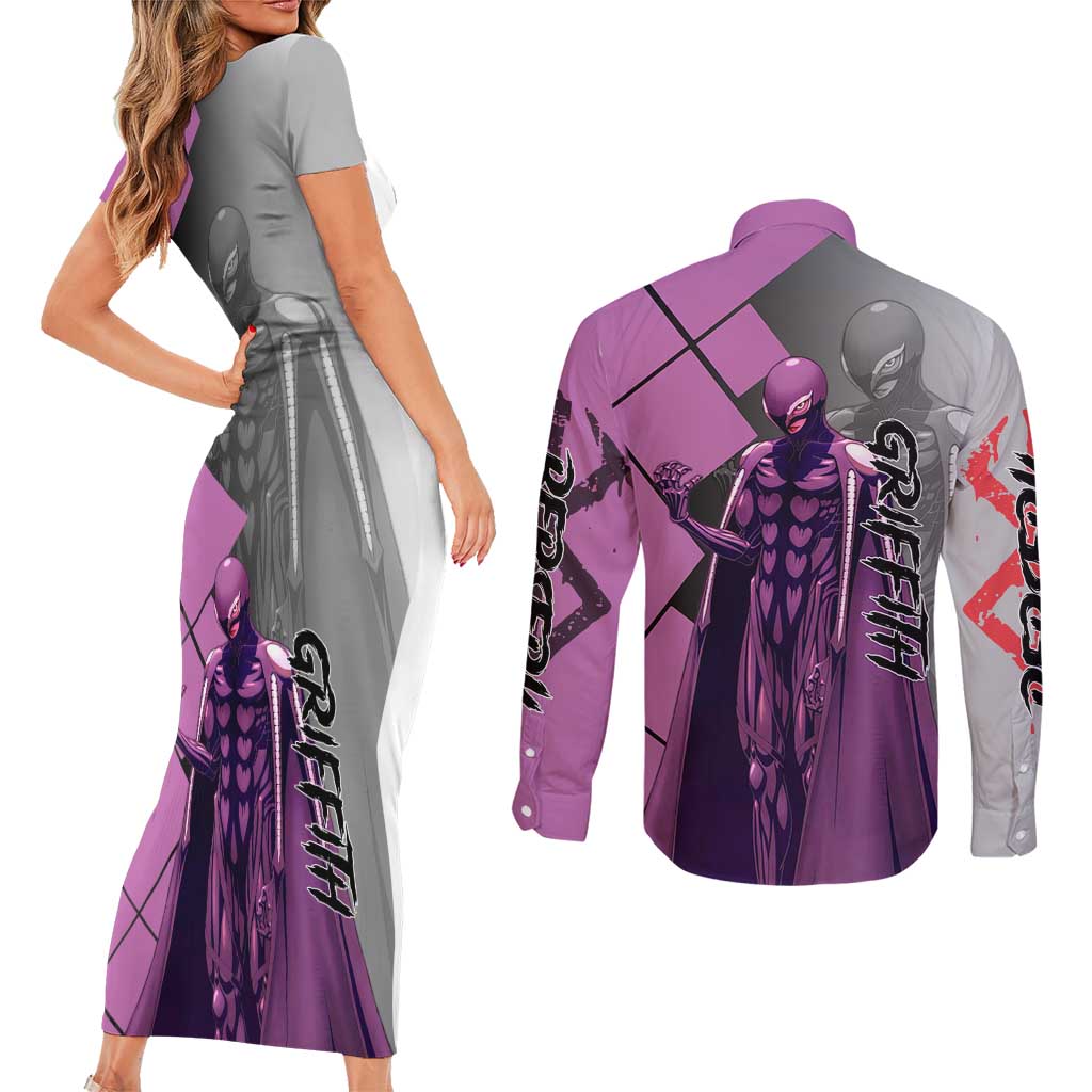 Griffith Berserk Couples Matching Short Sleeve Bodycon Dress and Long Sleeve Button Shirt with White Falcon Armor and Strategic Battle Pose Design - The Mazicc