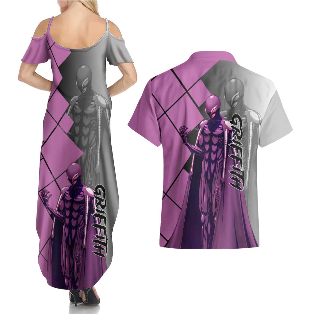 Griffith Berserk Couples Matching Summer Maxi Dress and Hawaiian Shirt with White Falcon Armor and Strategic Battle Pose Design - The Mazicc