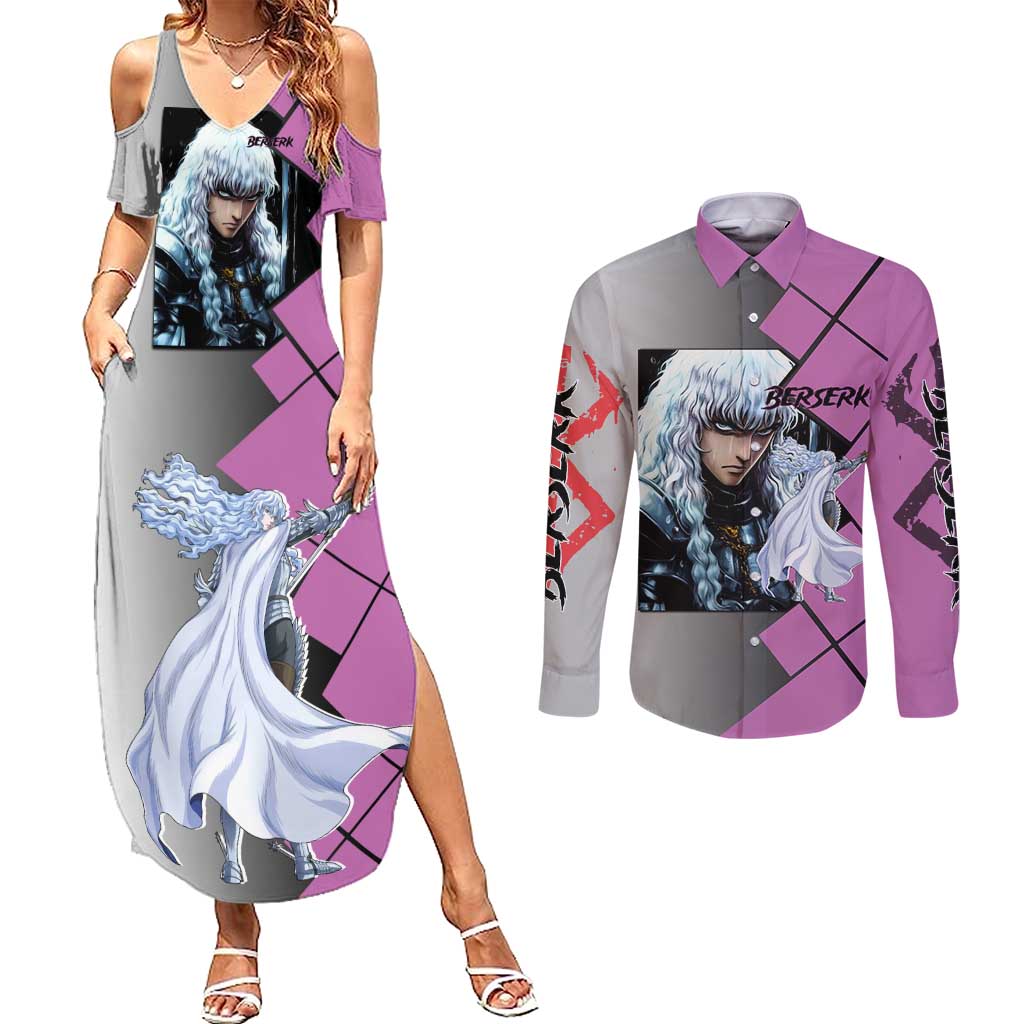Griffith Berserk Couples Matching Summer Maxi Dress and Long Sleeve Button Shirt with White Falcon Armor and Strategic Battle Pose Design - The Mazicc