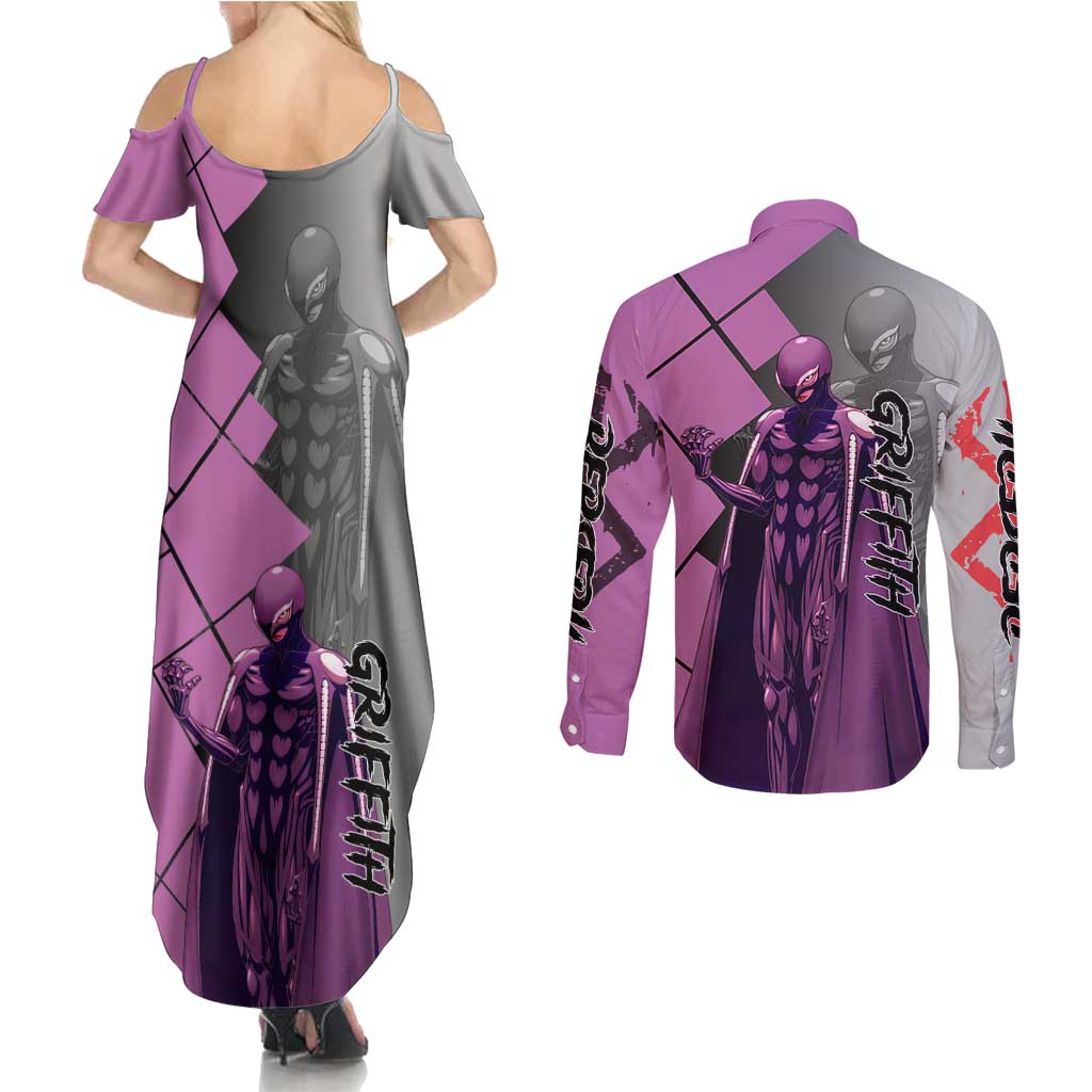 Griffith Berserk Couples Matching Summer Maxi Dress and Long Sleeve Button Shirt with White Falcon Armor and Strategic Battle Pose Design - The Mazicc