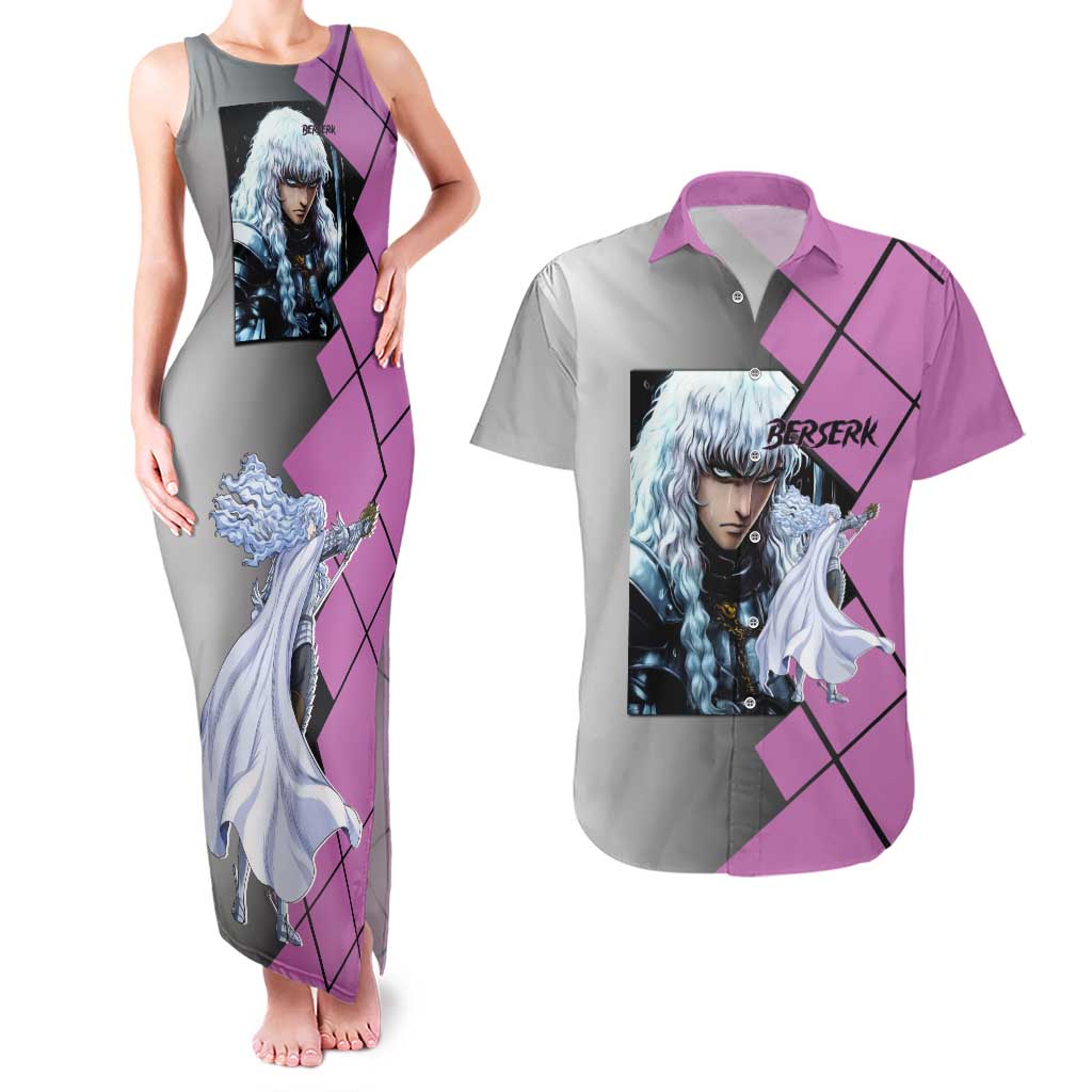 Griffith Berserk Couples Matching Tank Maxi Dress and Hawaiian Shirt with White Falcon Armor and Strategic Battle Pose Design - The Mazicc