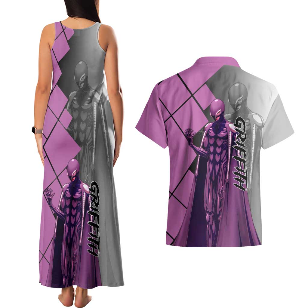 Griffith Berserk Couples Matching Tank Maxi Dress and Hawaiian Shirt with White Falcon Armor and Strategic Battle Pose Design - The Mazicc
