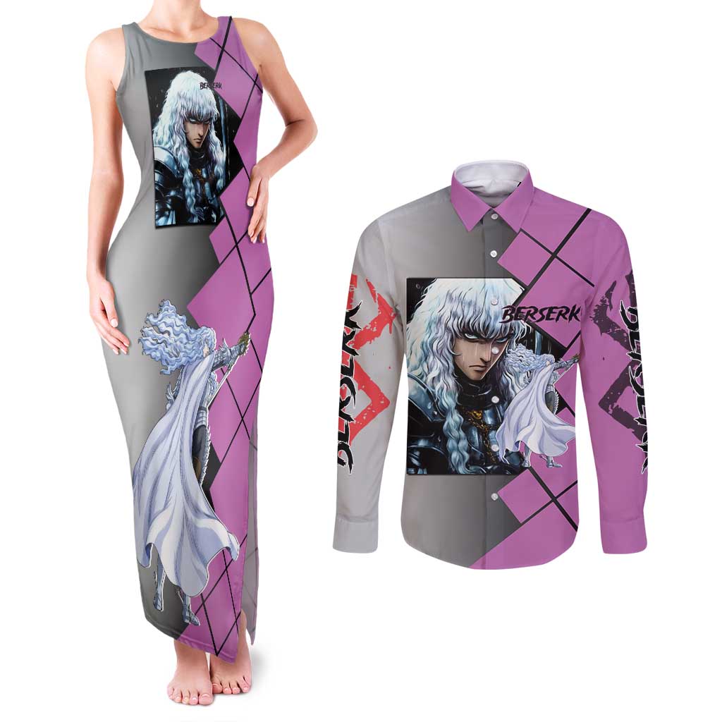Griffith Berserk Couples Matching Tank Maxi Dress and Long Sleeve Button Shirt with White Falcon Armor and Strategic Battle Pose Design - The Mazicc