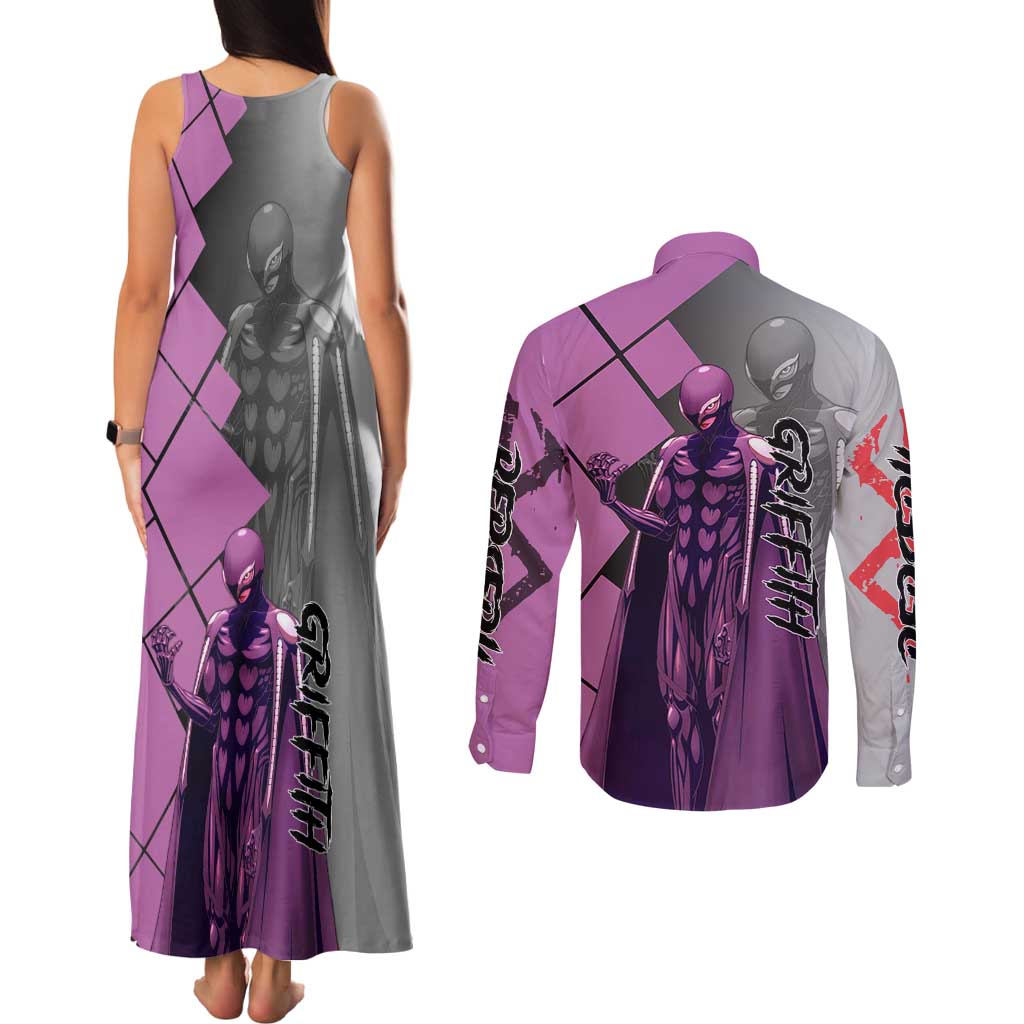 Griffith Berserk Couples Matching Tank Maxi Dress and Long Sleeve Button Shirt with White Falcon Armor and Strategic Battle Pose Design - The Mazicc