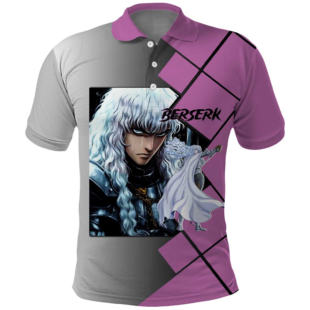 Griffith Berserk Polo Shirt with White Falcon Armor and Strategic Battle Pose Design - The Mazicc