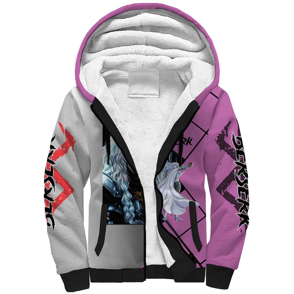 Griffith Berserk Sherpa Hoodie with White Falcon Armor and Strategic Battle Pose Design - The Mazicc