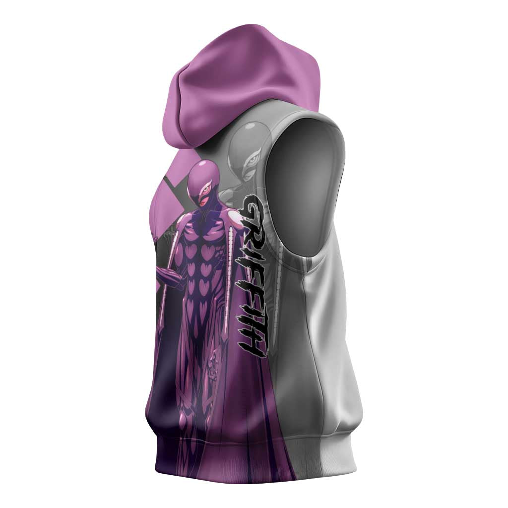 Griffith Berserk Sleeveless Hoodie with White Falcon Armor and Strategic Battle Pose Design - The Mazicc
