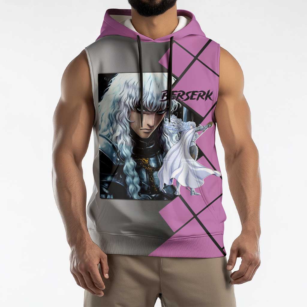 Griffith Berserk Sleeveless Hoodie with White Falcon Armor and Strategic Battle Pose Design - The Mazicc