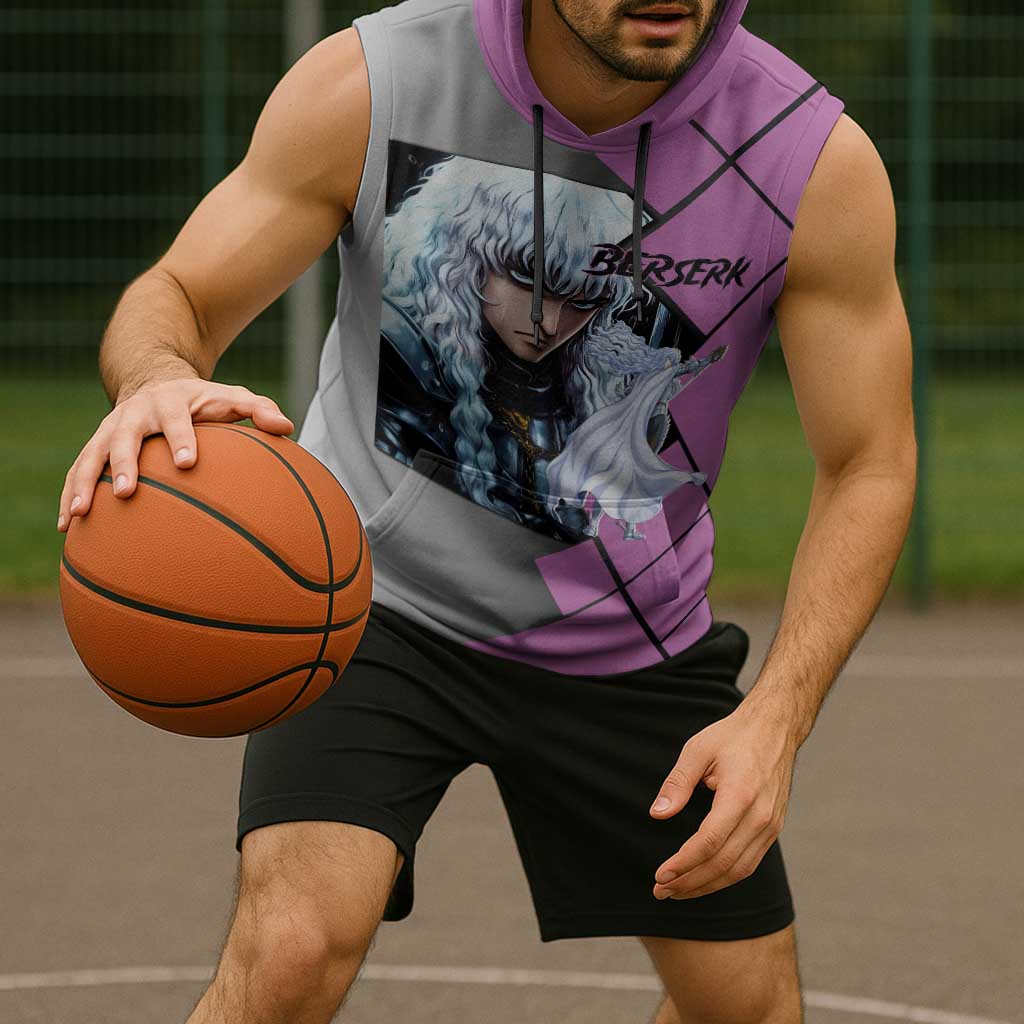 Griffith Berserk Sleeveless Hoodie with White Falcon Armor and Strategic Battle Pose Design - The Mazicc