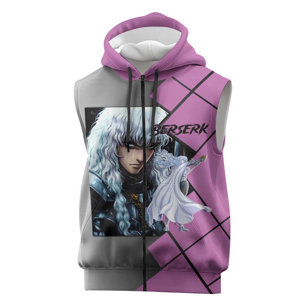 Griffith Berserk Sleeveless Zip Hoodie with White Falcon Armor and Strategic Battle Pose Design - The Mazicc