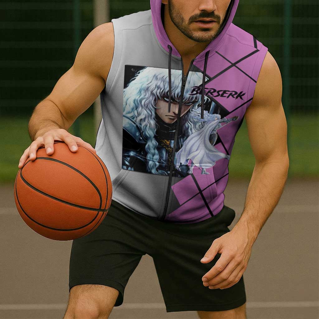 Griffith Berserk Sleeveless Zip Hoodie with White Falcon Armor and Strategic Battle Pose Design - The Mazicc