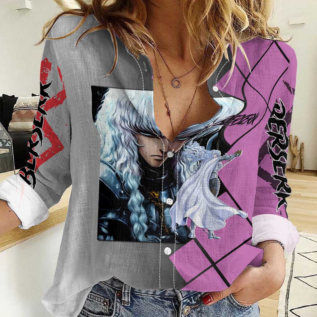 Griffith Berserk Women Casual Shirt with White Falcon Armor and Strategic Battle Pose Design - The Mazicc