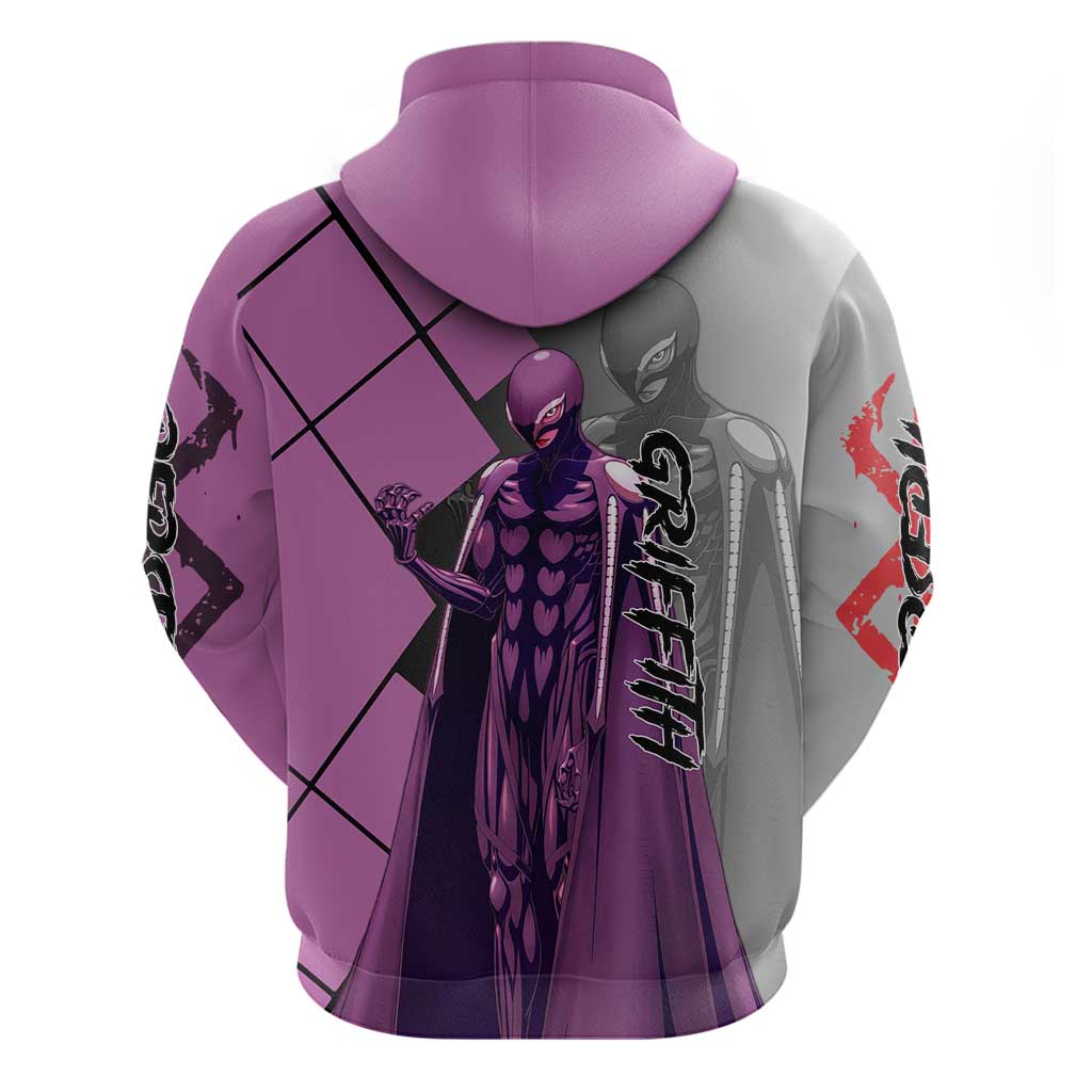 Griffith Berserk Zip Hoodie with White Falcon Armor and Strategic Battle Pose Design - The Mazicc