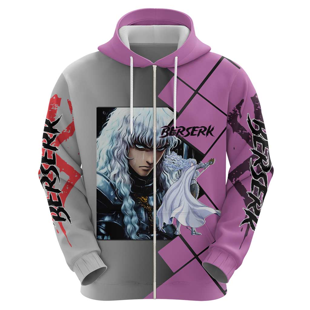 Griffith Berserk Zip Hoodie with White Falcon Armor and Strategic Battle Pose Design - The Mazicc