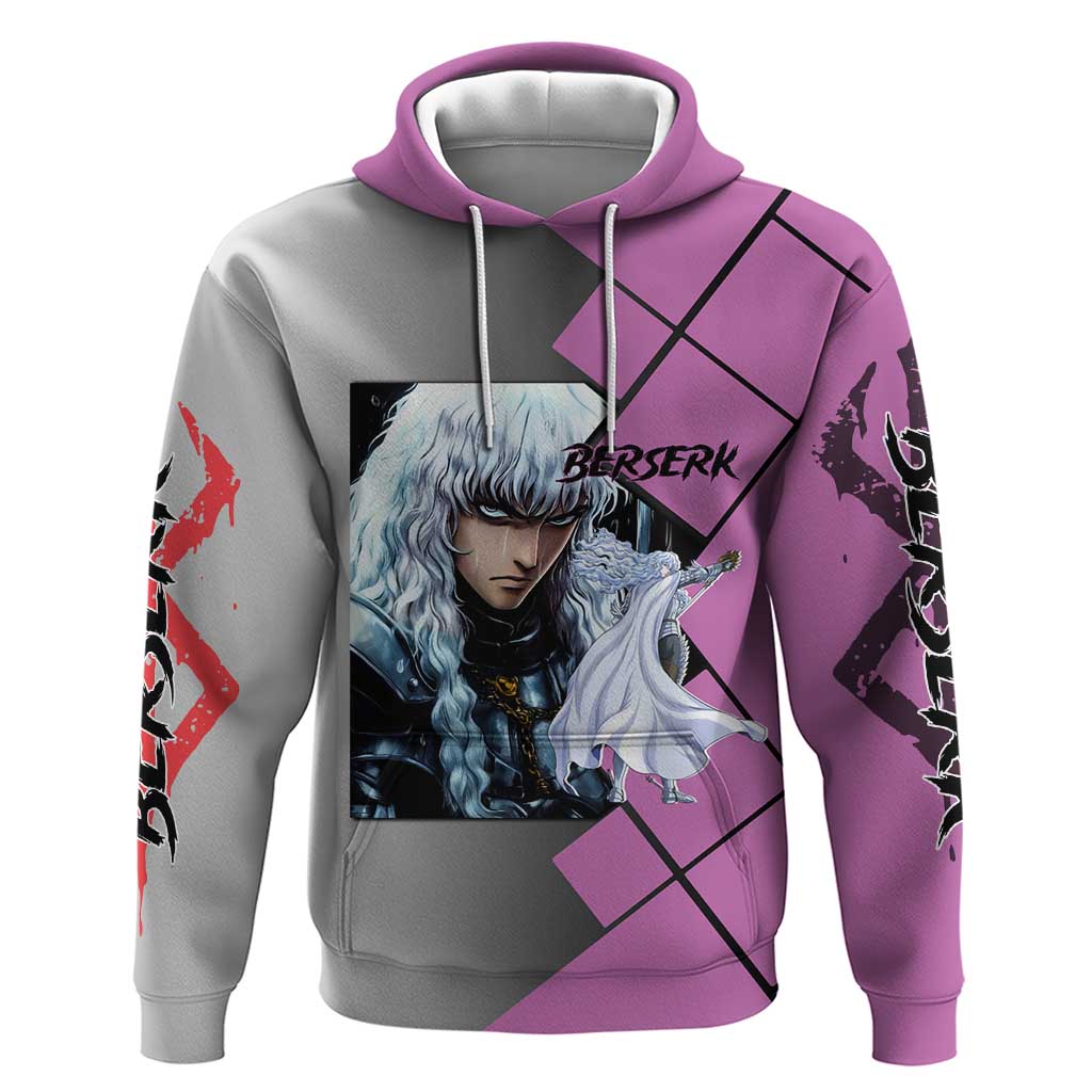 Griffith Berserk Zip Hoodie with White Falcon Armor and Strategic Battle Pose Design - The Mazicc