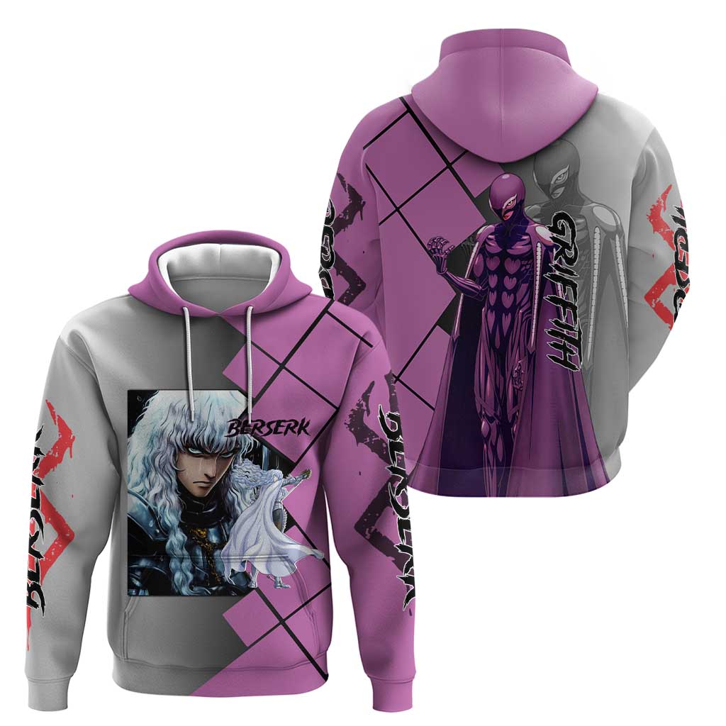 Griffith Berserk Zip Hoodie with White Falcon Armor and Strategic Battle Pose Design - The Mazicc