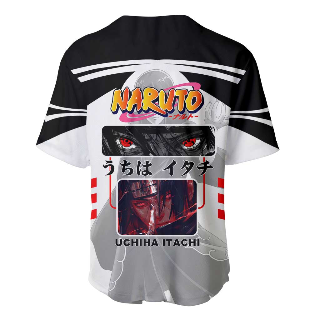 Itachi Uchiha Naruto Baseball Jersey with Sharingan Eyes and Dark Ninja Shadow Design - The Mazicc