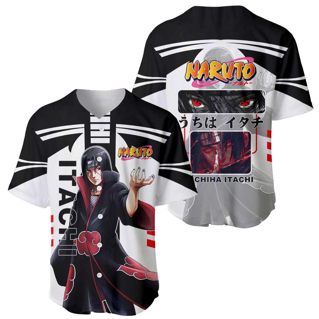 Itachi Uchiha Naruto Baseball Jersey with Sharingan Eyes and Dark Ninja Shadow Design - The Mazicc