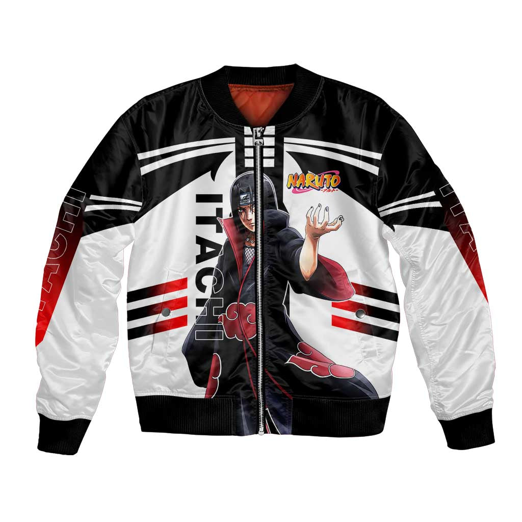 Itachi Uchiha Naruto Bomber Jacket with Sharingan Eyes and Dark Ninja Shadow Design - The Mazicc