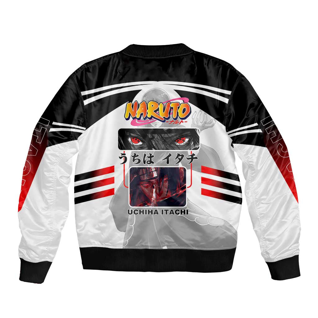 Itachi Uchiha Naruto Bomber Jacket with Sharingan Eyes and Dark Ninja Shadow Design - The Mazicc