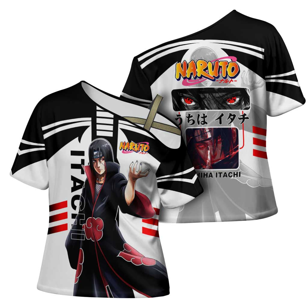Itachi Uchiha Naruto Cross Shoulder Shirt with Sharingan Eyes and Dark Ninja Shadow Design - The Mazicc