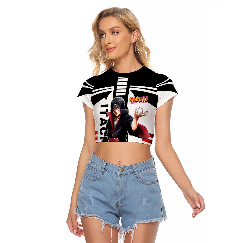 Itachi Uchiha Naruto Raglan Cropped T Shirt with Sharingan Eyes and Dark Ninja Shadow Design - The Mazicc