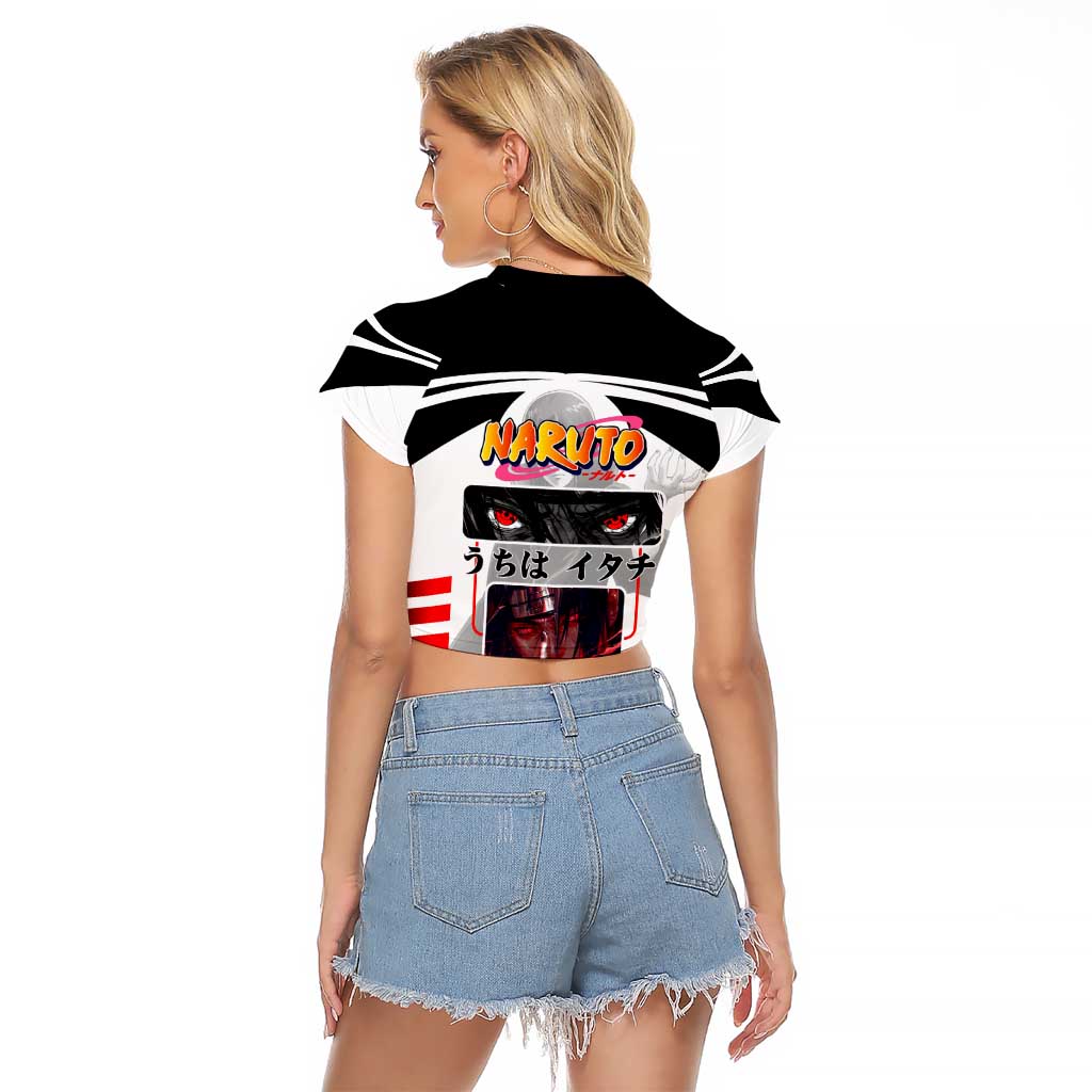 Itachi Uchiha Naruto Raglan Cropped T Shirt with Sharingan Eyes and Dark Ninja Shadow Design - The Mazicc