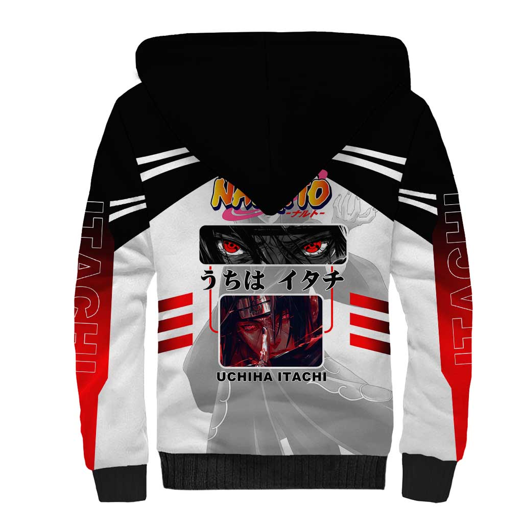 Itachi Uchiha Naruto Sherpa Hoodie with Sharingan Eyes and Dark Ninja Shadow Design - The Mazicc