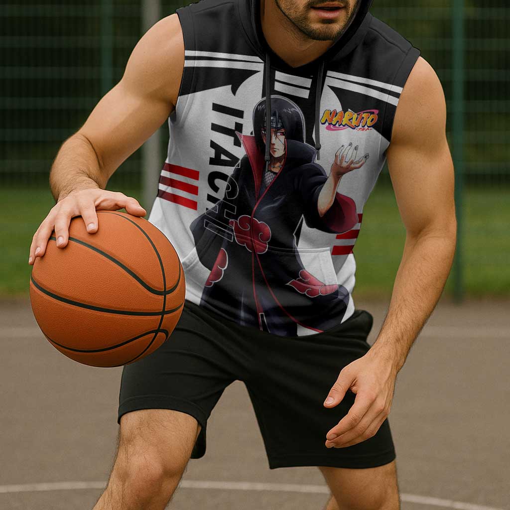Itachi Uchiha Naruto Sleeveless Hoodie with Sharingan Eyes and Dark Ninja Shadow Design - The Mazicc