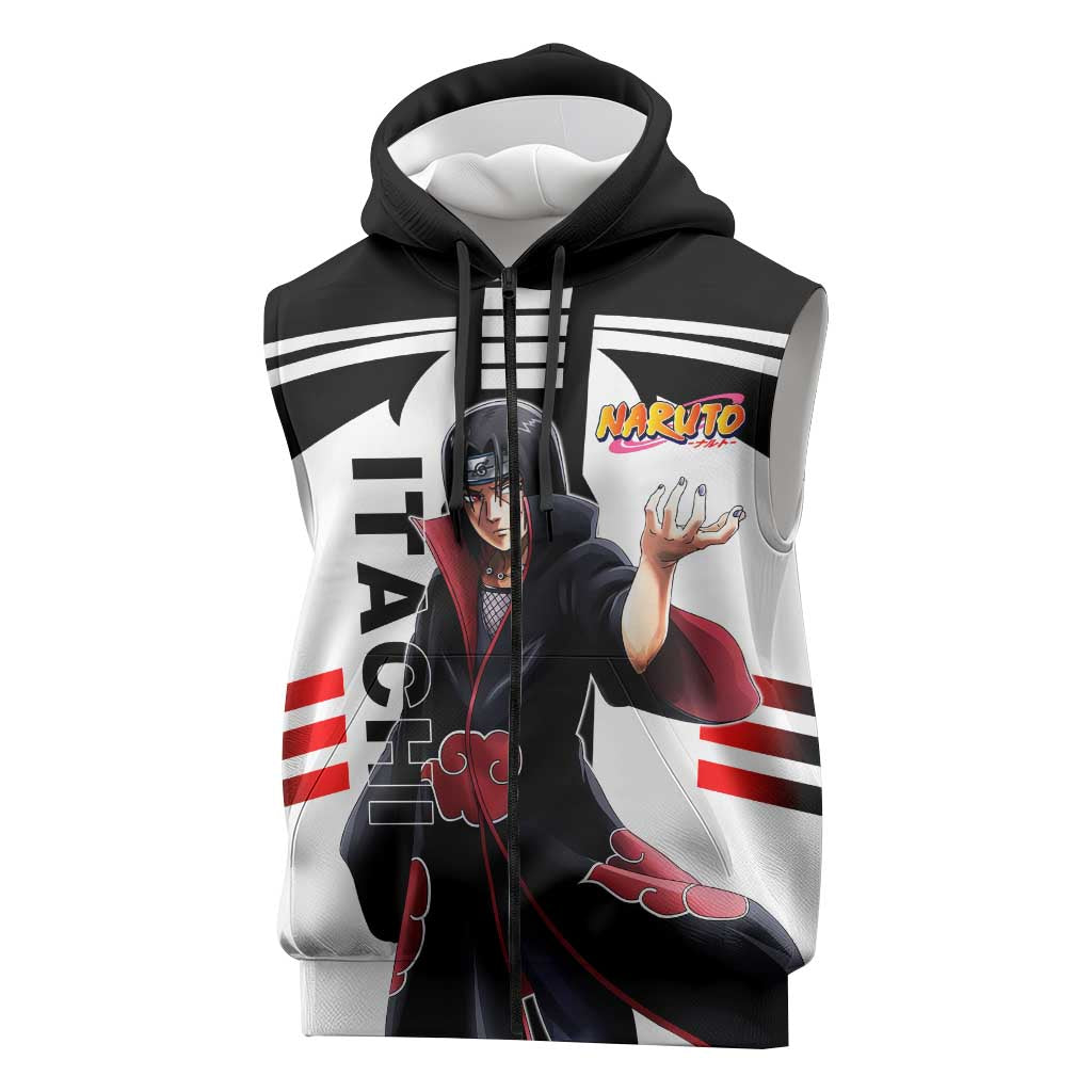 Itachi Uchiha Naruto Sleeveless Zip Hoodie with Sharingan Eyes and Dark Ninja Shadow Design - The Mazicc