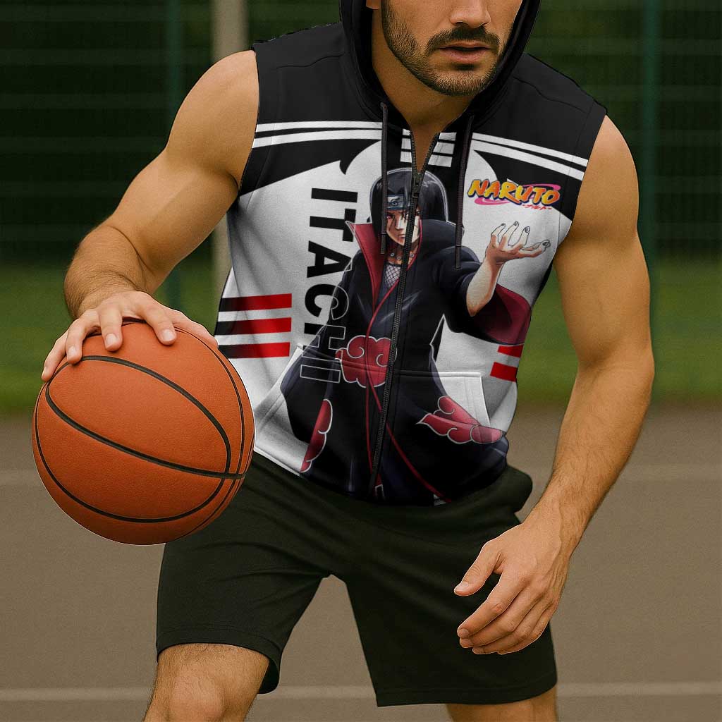 Itachi Uchiha Naruto Sleeveless Zip Hoodie with Sharingan Eyes and Dark Ninja Shadow Design - The Mazicc