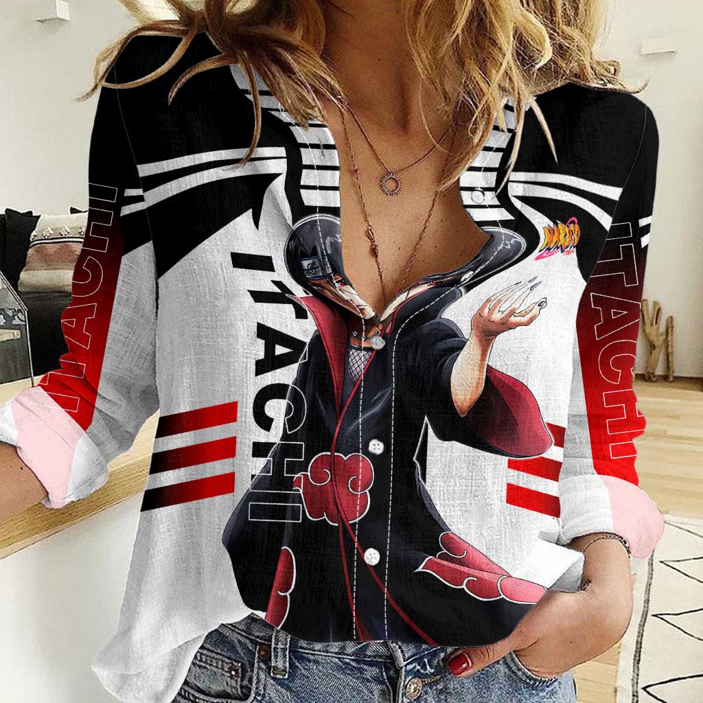 Itachi Uchiha Naruto Women Casual Shirt with Sharingan Eyes and Dark Ninja Shadow Design - The Mazicc