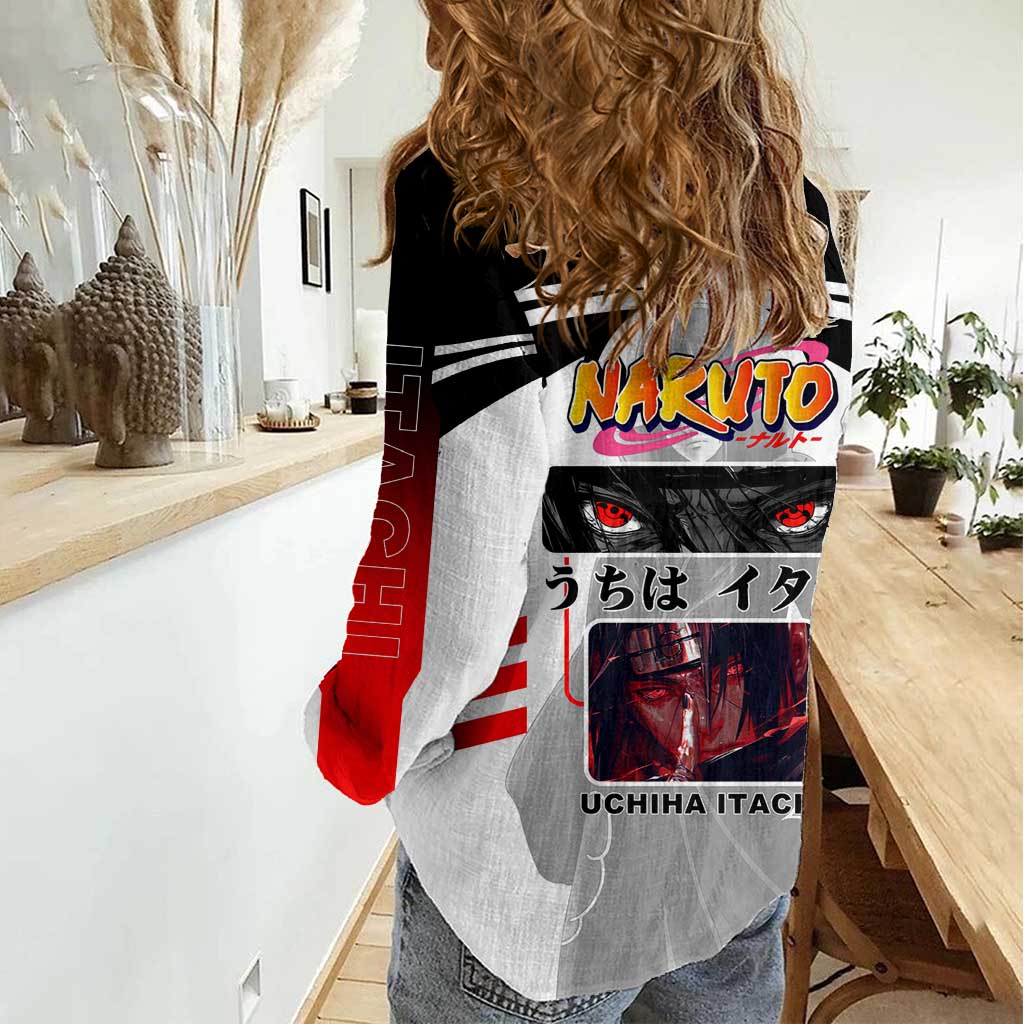 Itachi Uchiha Naruto Women Casual Shirt with Sharingan Eyes and Dark Ninja Shadow Design - The Mazicc