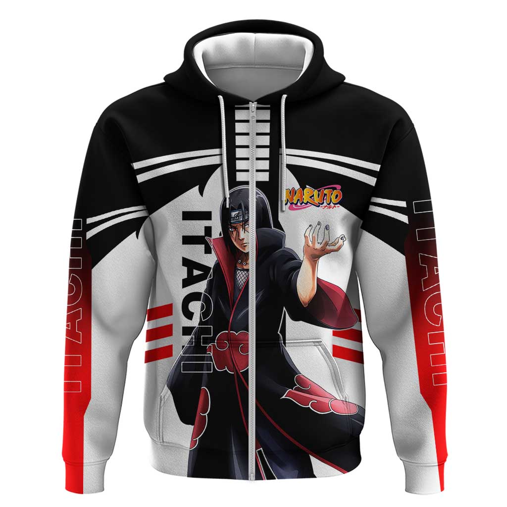 Itachi Uchiha Naruto Zip Hoodie with Sharingan Eyes and Dark Ninja Shadow Design - The Mazicc