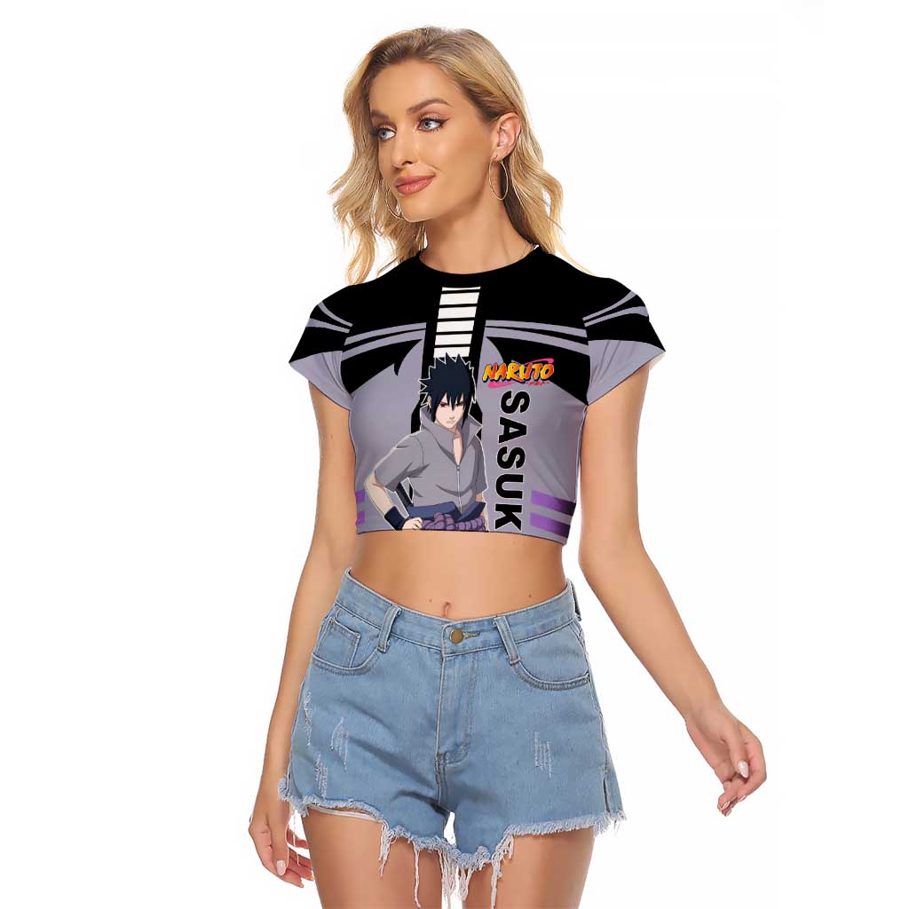 Sasuke Uchiha Naruto Raglan Cropped T Shirt with Rinnegan and Chidori Lightning Ninja Design - The Mazicc