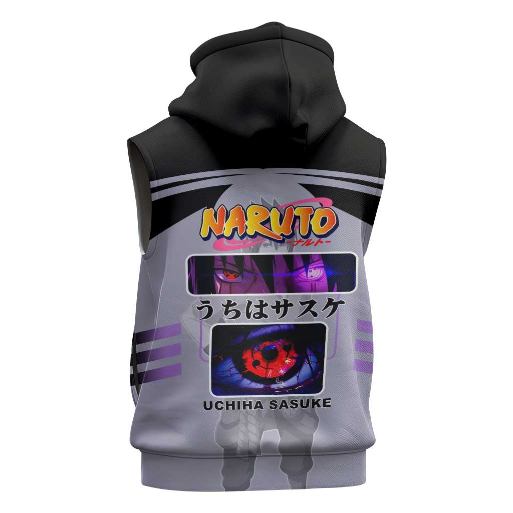 Sasuke Uchiha Naruto Sleeveless Hoodie with Rinnegan and Chidori Lightning Ninja Design - The Mazicc