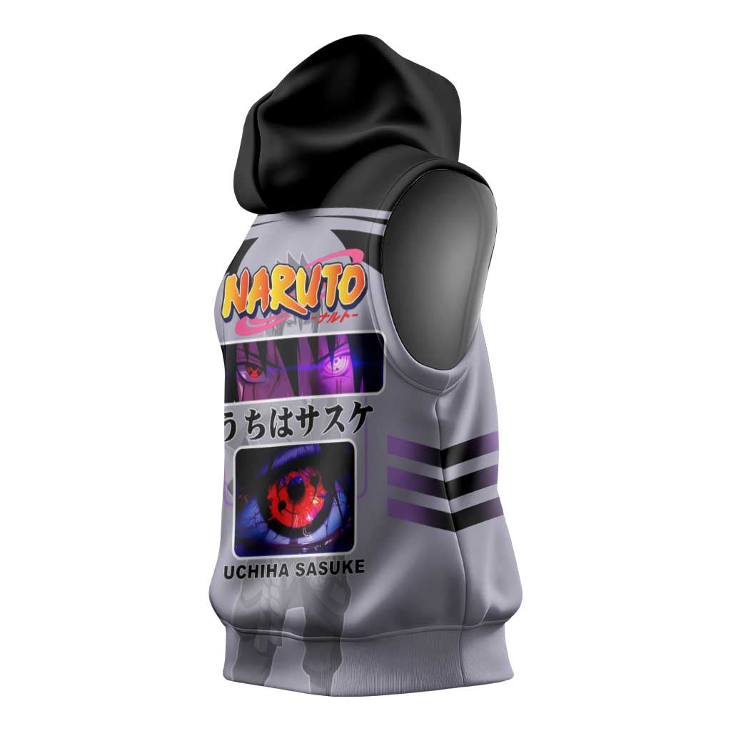 Sasuke Uchiha Naruto Sleeveless Hoodie with Rinnegan and Chidori Lightning Ninja Design - The Mazicc