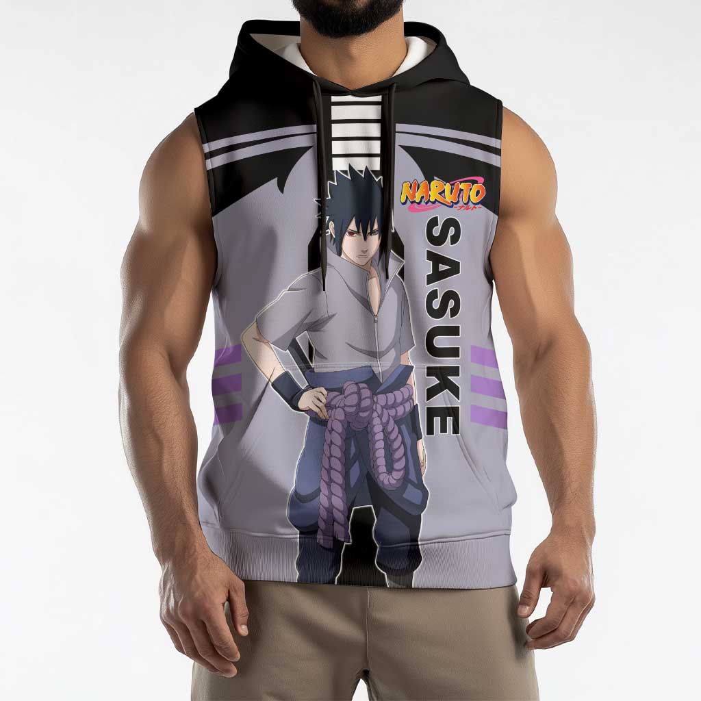 Sasuke Uchiha Naruto Sleeveless Hoodie with Rinnegan and Chidori Lightning Ninja Design - The Mazicc