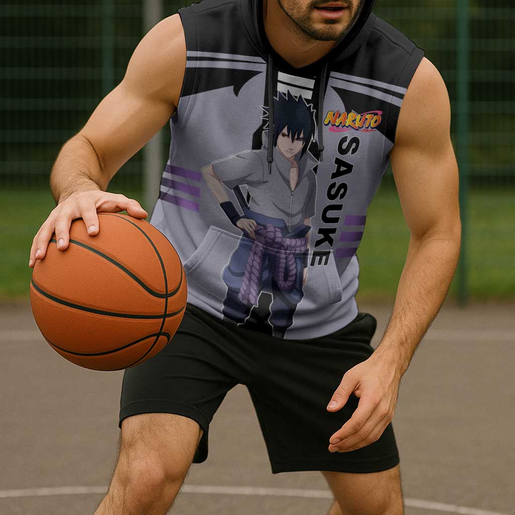 Sasuke Uchiha Naruto Sleeveless Hoodie with Rinnegan and Chidori Lightning Ninja Design - The Mazicc