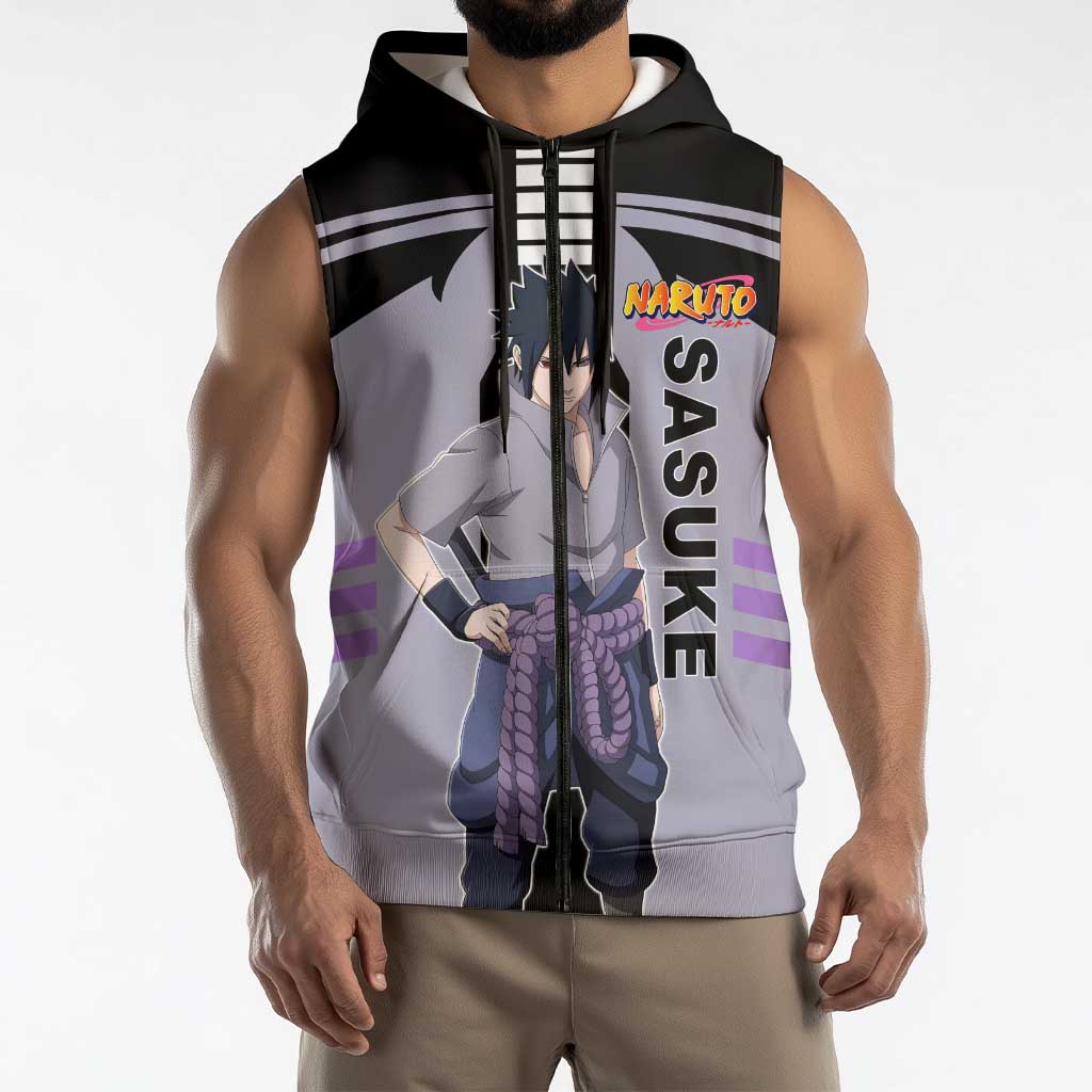 Sasuke Uchiha Naruto Sleeveless Zip Hoodie with Rinnegan and Chidori Lightning Ninja Design - The Mazicc
