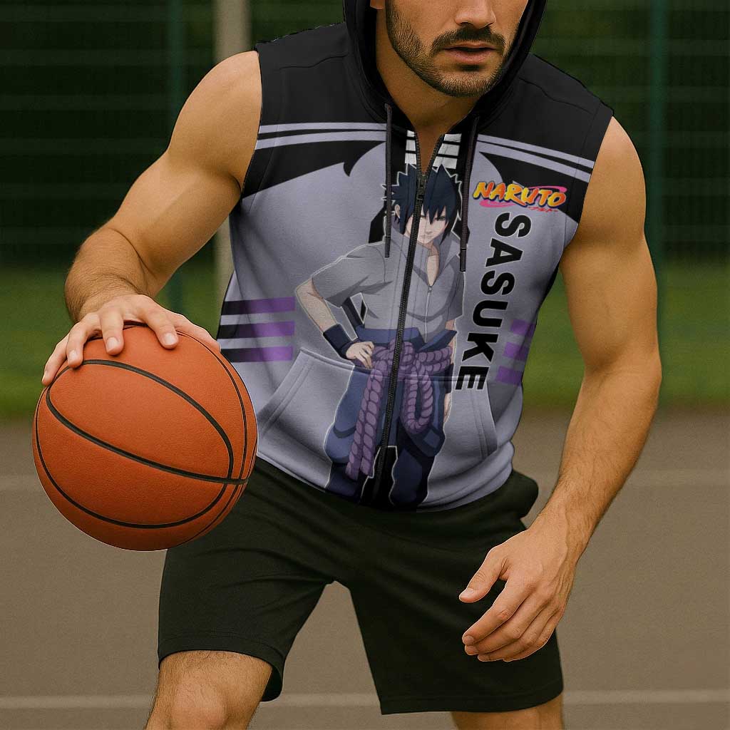 Sasuke Uchiha Naruto Sleeveless Zip Hoodie with Rinnegan and Chidori Lightning Ninja Design - The Mazicc