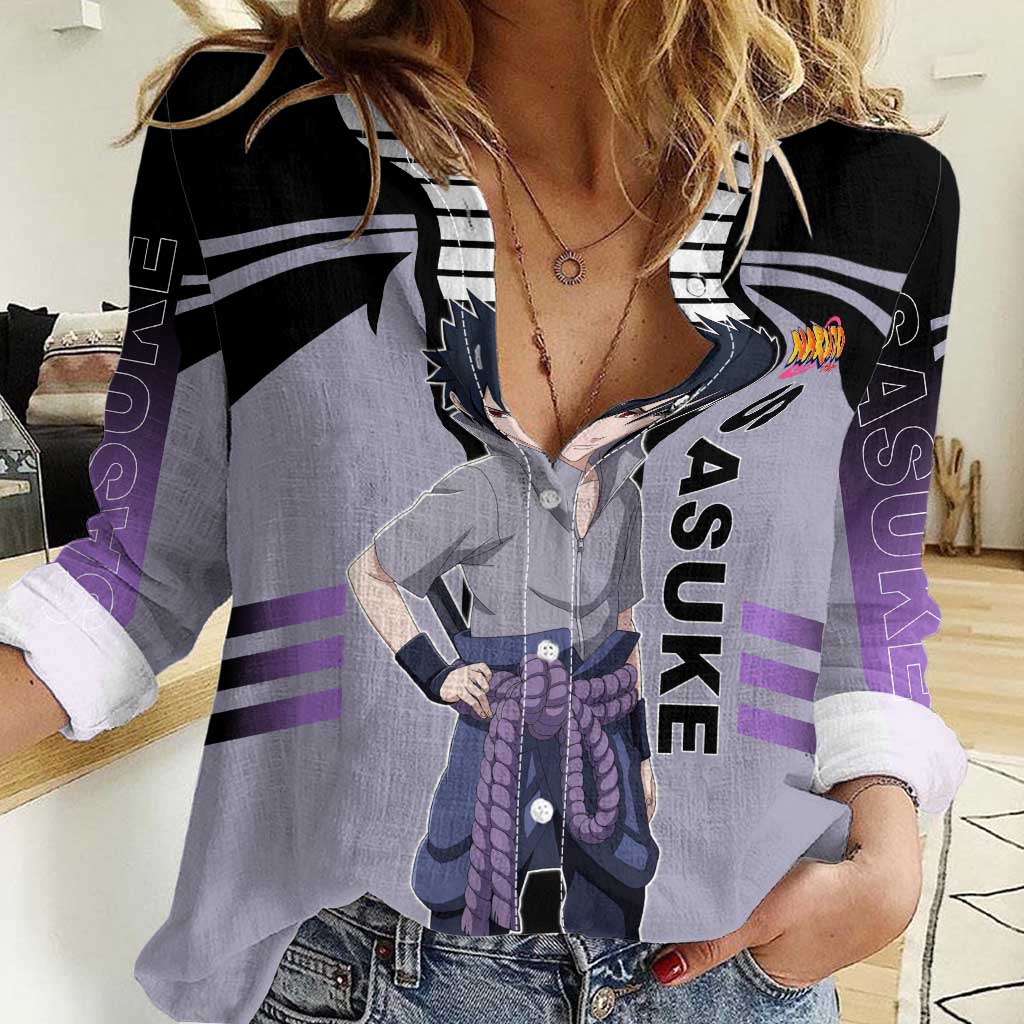 Sasuke Uchiha Naruto Women Casual Shirt with Rinnegan and Chidori Lightning Ninja Design - The Mazicc