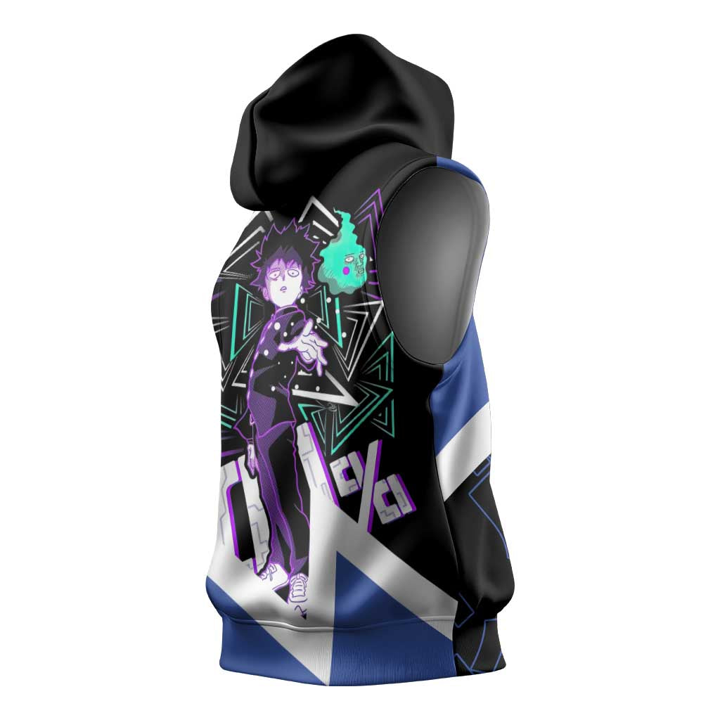 Mob Psycho 100 Sleeveless Hoodie with Shigeo Kageyama and Spirit Aura Anime Design - The Mazicc
