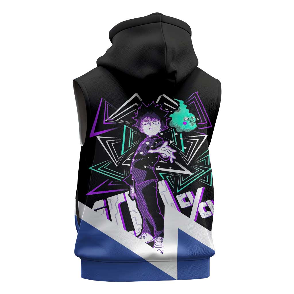 Mob Psycho 100 Sleeveless Zip Hoodie with Shigeo Kageyama and Spirit Aura Anime Design - The Mazicc