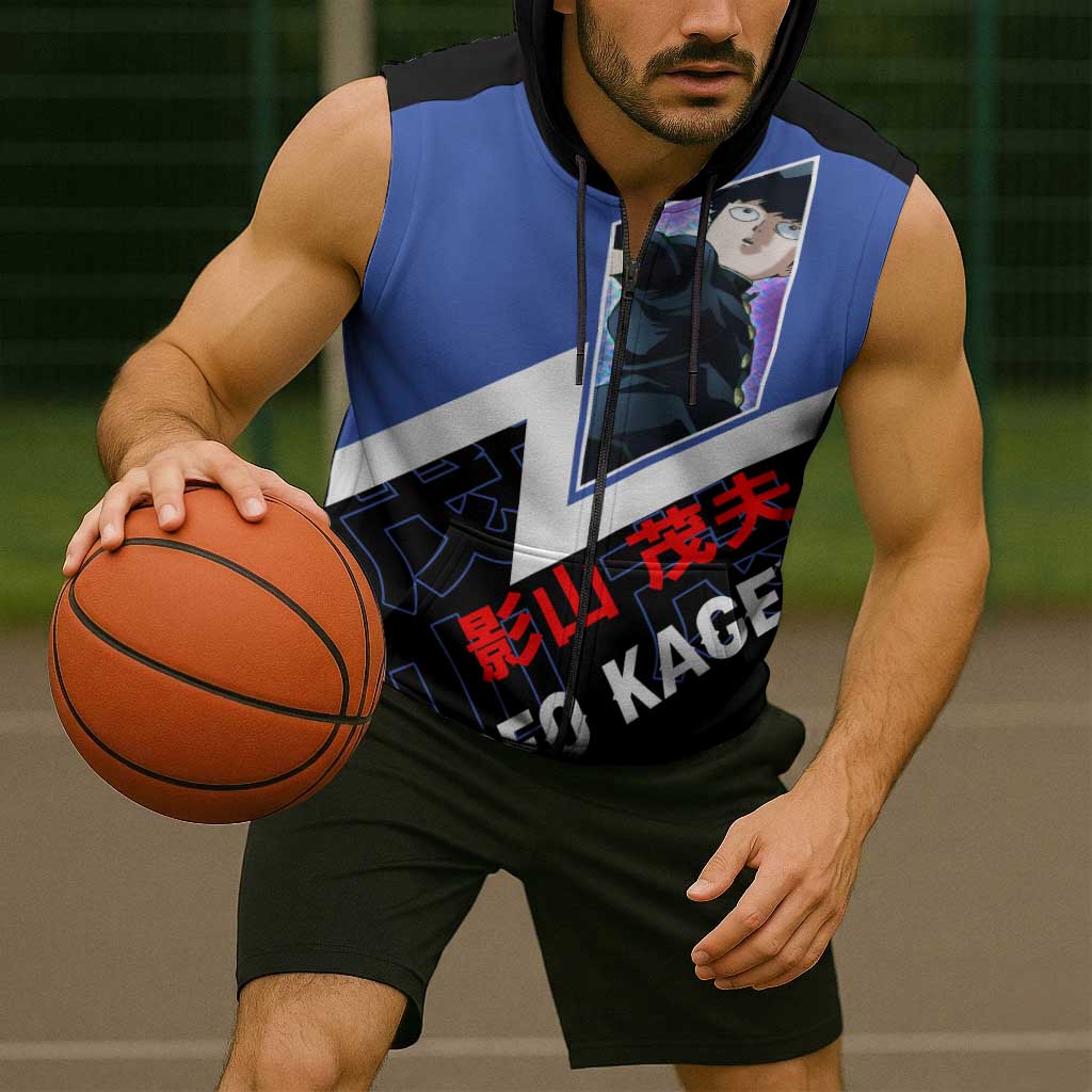 Mob Psycho 100 Sleeveless Zip Hoodie with Shigeo Kageyama and Spirit Aura Anime Design - The Mazicc