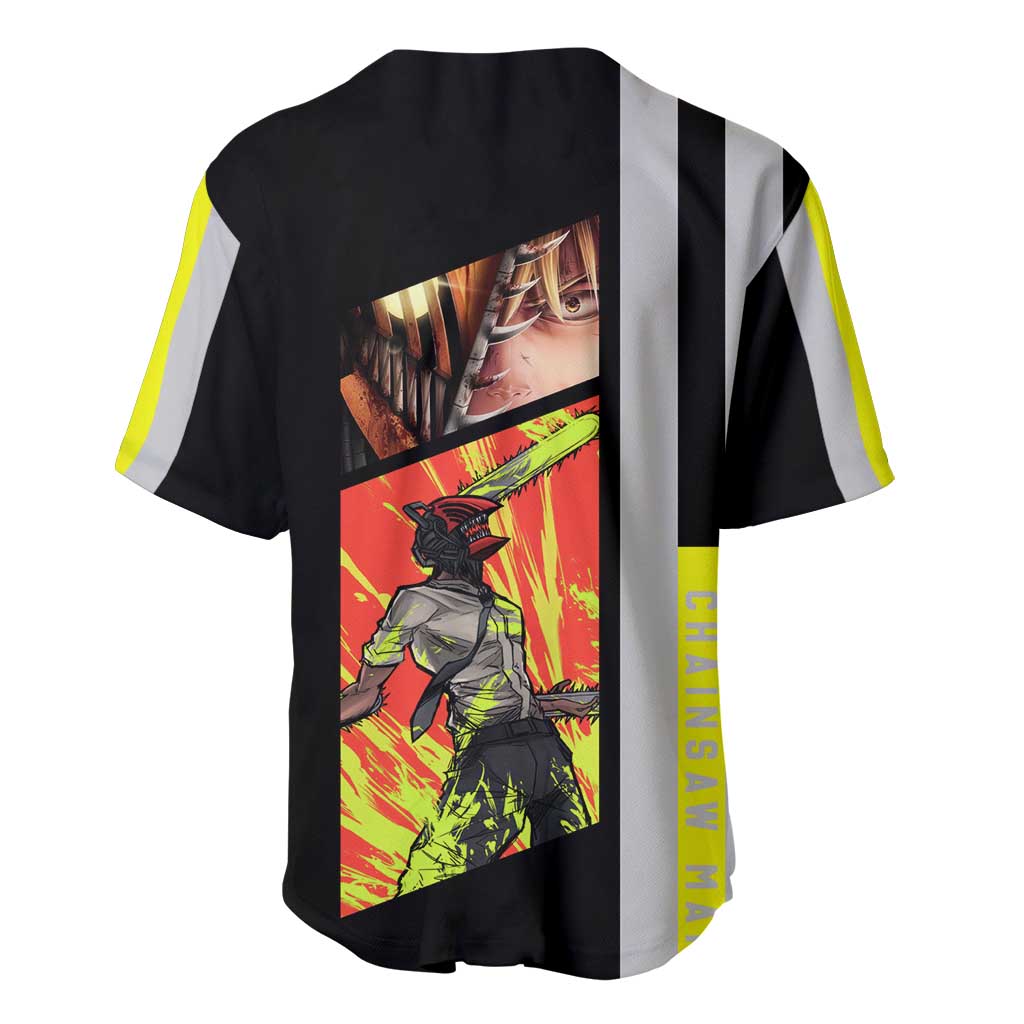 Chainsaw Man Denji Baseball Jersey with Manga Panels and Neon Chainsaw Design - The Mazicc