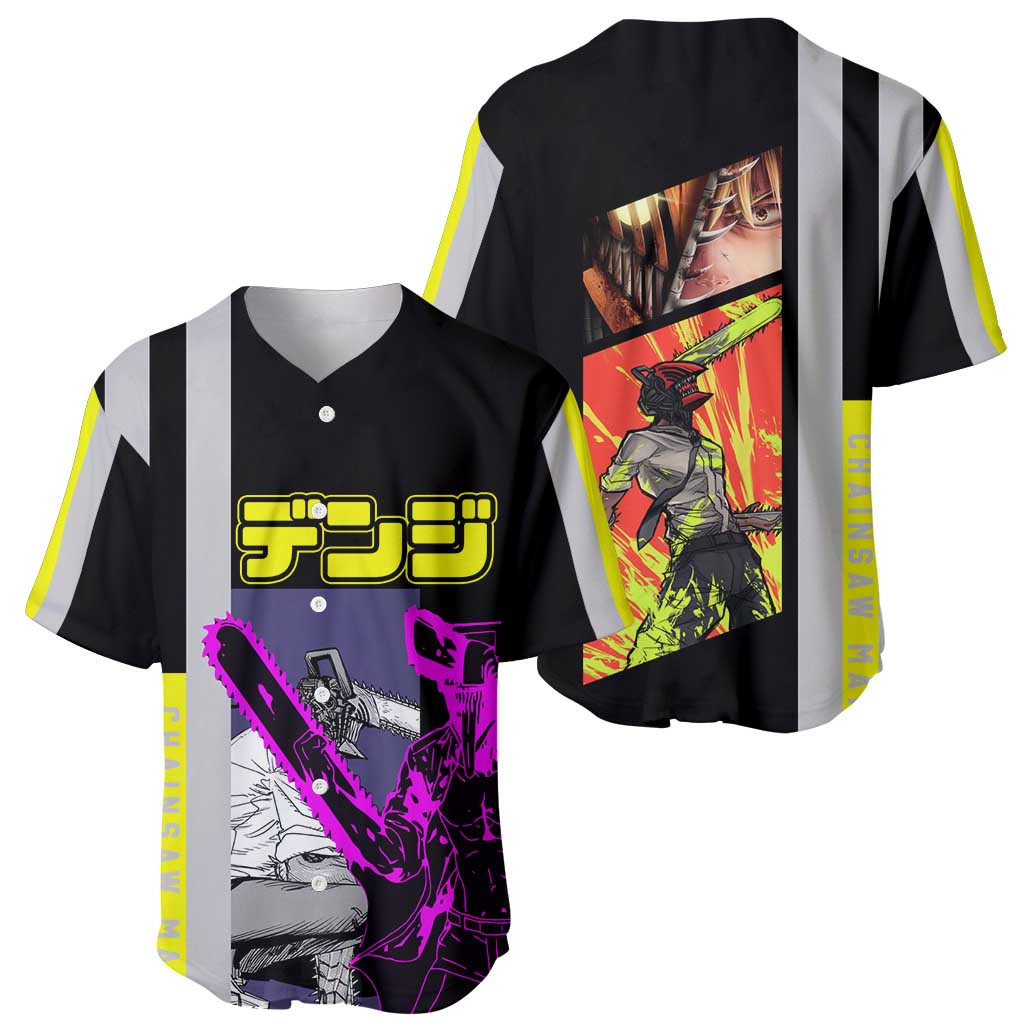 Chainsaw Man Denji Baseball Jersey with Manga Panels and Neon Chainsaw Design - The Mazicc