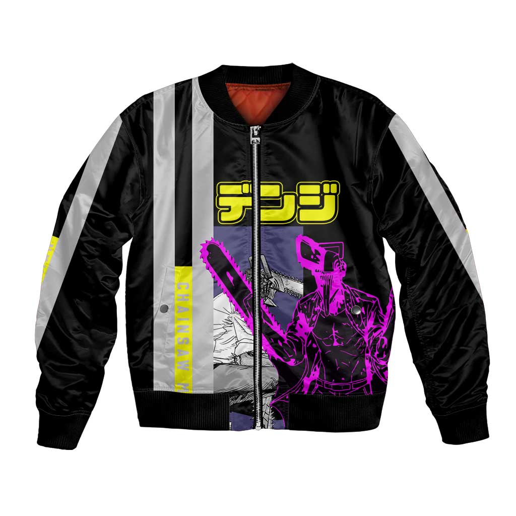 Chainsaw Man Denji Bomber Jacket with Manga Panels and Neon Chainsaw Design - The Mazicc
