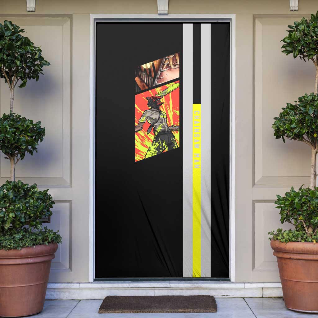 Chainsaw Man Denji Door Cover with Manga Panels and Neon Chainsaw Design - The Mazicc