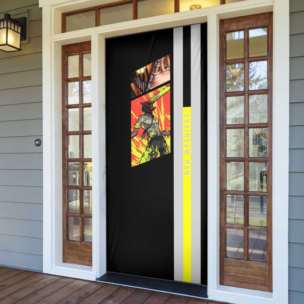 Chainsaw Man Denji Door Cover with Manga Panels and Neon Chainsaw Design - The Mazicc